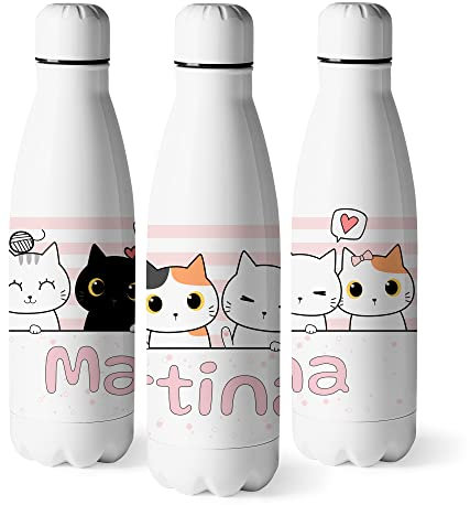 Zumo Digital Botella de Agua Personalizada Diseño Gatos Kawaii, Personaliza tu Nombre Divertido Gatitos, Libre BPA Acero Inoxidable de 500ml (Kawaii 2)