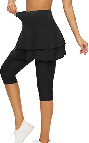 WOWENY Leggings Mit Rock Damen Tennisrock Mit Leggings Sportrock Mit Taschen Minirock Mit Hose Drunter Laufrock Mit Hose Tennis Skort Golfrock Faltenrock Mit Hose Für Yoga Workout,Schwarz,XL