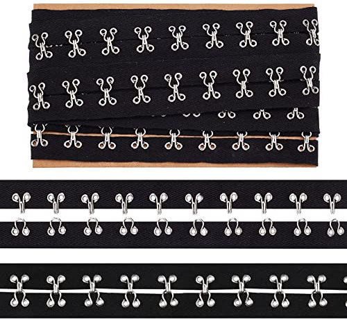 NBEADS 3 Yards(2.74m) Hook and Eye Tape, 1 Wide Black Cotton Tape Ribbon Silver Metal Edging Tape for Corset Bra Sewing Quilting Bridal Costumes Home Décor