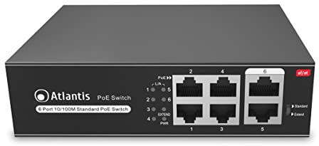Atlantis PoE-Switch 6 Ports 10/100, 4 PoE, PoE-Budget 65W | 30W pro Port, Desktop/Rack, internes Netzteil, Metallgehäuse, VLAN/Extended-Modus bis zu 250 m, Art. A02-F6P4-65W