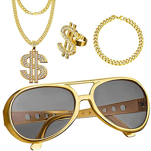 Seasboes 4 Stück Dollar Kette set, Hip Hop Kostüm Set, Hip Hop Kostüm Accessories, Dollar Zeichen Armbänder Ring Goldkette Set, Rapper Accessoires,Hiphop Schmuck für 80er 90er Fasching Karneval Party