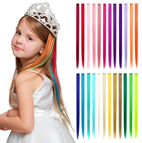 Dreamlover Haarsträhnen zum Einklipsen, Bunte Haarsträhnen Kinder, Bunte Strähnen für Kinder, 24 Stücke