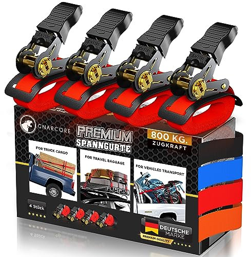 Gnarcore© wetterfeste Premium Spanngurte mit Ratsche (4er Set) - Ohne schmerzhaftes Einschneiden Dank Griff - 4 & 6 Meter inkl. Tragebeutel, 2-in-1 Leder-Schutz & Klettbänder - bis 800 Kg