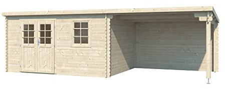 Woodtex Holz Gartenhaus Blockbohlenhaus CA2987 | Wandstärke 28 mm | Naturbelassen | Mit 3 m Anbau | BxTxH: 696 x 309 x 204 cm | Inkl. 1 Fenster | Doppeltür Mit Echtglas