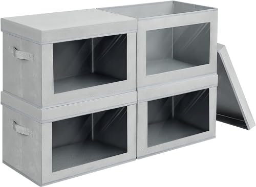 DIMJ 4 Pack Foldable Storage Boxes with Lids, Collapsible Storage Bins with Transparent Window, Fabric Storage Basket with Handle, Wardrobe Storage Organiser for Clothes, Toys, Books, Closet, Grey
