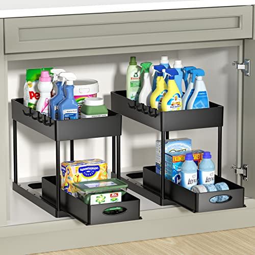 Coovee Unter Waschbecken Regal 2 Stücke, Küche Schrank Organizer mit Schublade und 4 Haken, Große Kapazität Unterschrankregal, Gewürzregal und Küchenhelfer für Küche, Bad, Unterschrank, Schwarz