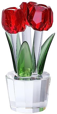 Qianwei Crystal Tulips Flowers Figurine Red with Vase - Glass Flower Bouquet Collectible Figurines Crystal Office Home Decor Paperweight - Tulip Gifts for Women Mom Bestfriend Wedding Anniversary