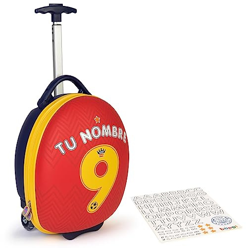 boppi Tiny Trekker Leichter Kinderreisetrolley zum Ziehen mit Rädern in Handgepäckgröße (17 Liter Fassungsvermögen) - Fußball Spanien (mit Aufklebern)