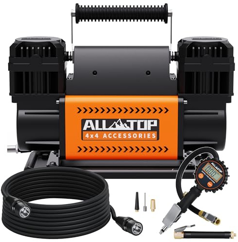 ALL-TOP Compressore d'aria a doppio cilindro con manometro digitale, kit di gonfiaggio per pneumatici da 12 V, pompa ad aria fuoristrada per pneumatici per camion, resistente max 150 PSI per veicoli