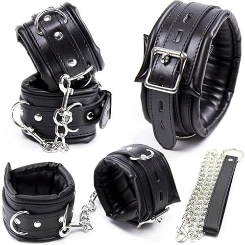 Schwarz Leder Handschellen Fußschellen Halsbänder Bondage Set Erotik Extreme Beschränkung SM Sexspielzeug für Damen Männer (Bondage Set)
