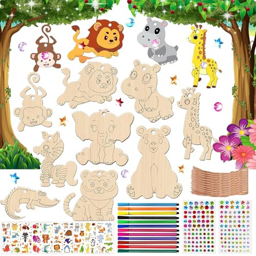 270Pcs Tiere Holz Bastelset, Kindergeburtstag Basteln, Holzanhänger zum Bemalen, Bastelsets für Kinder, mit 27 Holztiere, 202 Strasssteine, 12 Farbstifte, 27 Kordel, für Mädchen/Jungen DIY Handwerk