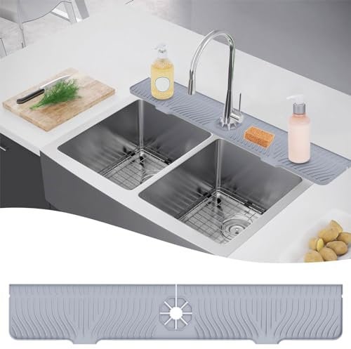 33 inch Kitchen Sink Splash Guard, Faucet Mat for Kitchen Sink , Silicone Sink Splash Guard, Faucet Guard Draining Mat, Silicone Faucet Handle Drip Catcher Tray Mat Longer for Kitchen Bathroom Grey