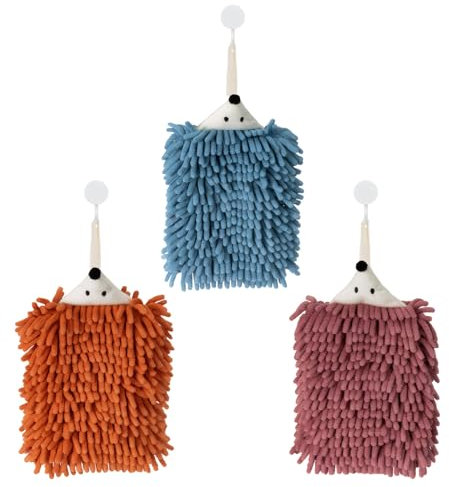 Adigau Handtuch-Set 3 Stück Chenille Handtücher mit 3 Aufhängeschlaufe für Küche und Badezimmer Küchentücher schnell trocknend saugfähig lustig niedlich Kinder und Erwachsene(Igel) Blau/Lila/Orange