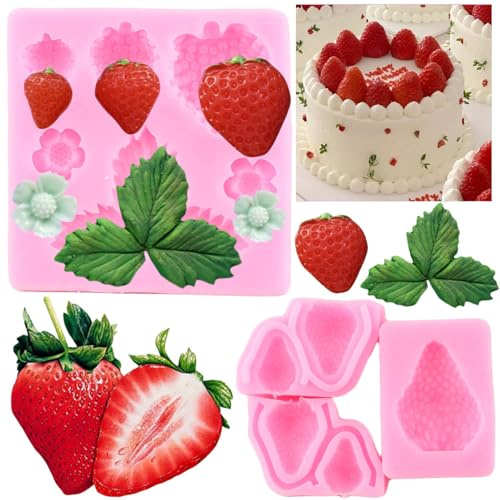 RFGHAC Mini Erdbeere Silikonform Erdbeere Blumen Fondant Formen für Kuchen Dekorieren Cupcake Topper Sugar Candy Polymer Clay Schokolade Gummipaste 2 Stück