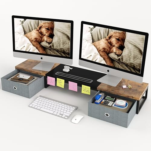 Dual Monitor Stand Riser mit 2 Schubladen - 100CM große Lagerung Computer Monitorständer für 2 Monitore, hölzerne Desktop Organizer perfekt für Home-Office-Schreibtisch, Computer, TV, Schwarz & Braun