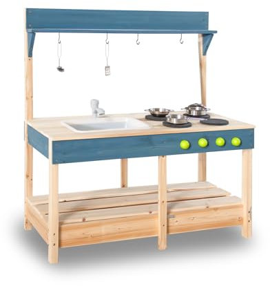 Mud Kitchen Playset for, Outdoor Wooden Toy Play Kitchen Set for Boys and Girls, Kitchen Accessories and Garden Sink, Outdoor Toy for Kids (Blue1)