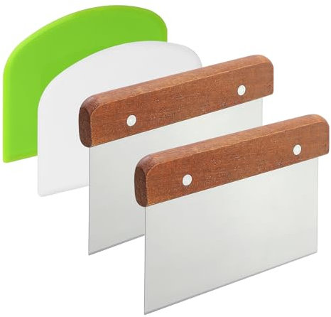 2 Pcs Stainless Steel with Wooden Handle Dough Bench Scraper Cutter, 2 Plastic Dough Scrapers, Pastry Cutter Scraper Smoother Kitchen Scraper for Pizza, Bread, Cake Dough Baking Shaping (Square)
