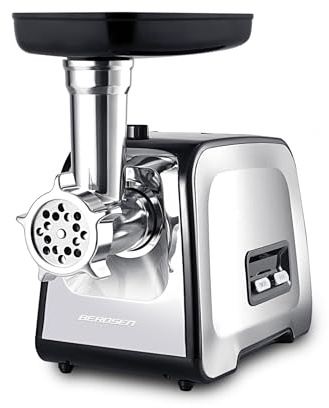 Berdsen Picadora de carne, juego eléctrico con accesorios, accesorios, accesorio para salchichas, hoyos, trituradora, 450/1200 W, plata