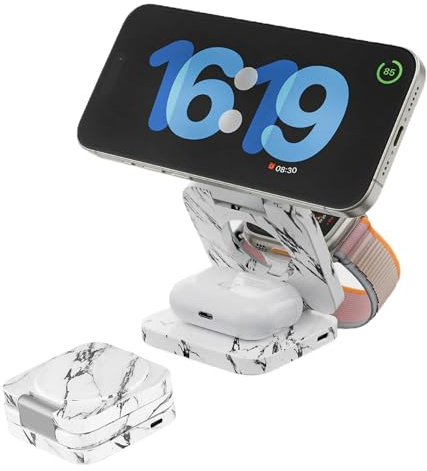 KU XIU Faltbar 3 in 1 Ladestation für Apple Watch und iPhone kompatibel mit MagSafe Ladegerät Induktive Handy Ladestation,15W Wireless Charger für iPhone 16-12, Watch Ultra2, für AirPods-Marble-White