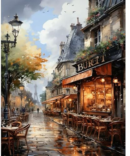 Kit de peinture par numéros sur toile pour adultes, cafés de rue, tour Eiffel, peinture à l'huile acrylique à faire soi-même pour adultes, 40,6 x 50,8 cm