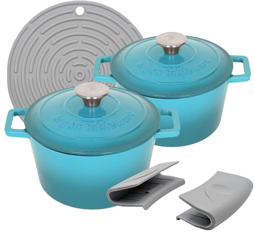 Argon Tableware Round Cast Iron Casserole Dishes with Self-Basting Lid - 2.8L - Teal Ombre - 2x Induction Hob Cooking Dutch Oven Bread Baking Serving Roasting Stew Stock Pot Cookware Pan