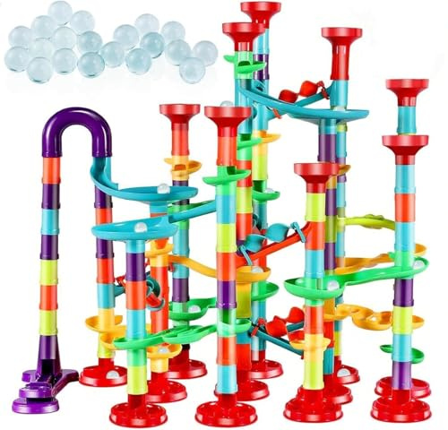 Kinmsito 197 Stück Murmelbahn Set, Marble Run Set, Mehrfarbig | Mehrfarbige Murmelbahn, Mit Glasmurmeln and Bahnelementen, Kugelbahn Lernspielzeug for Jungen and Mädchen