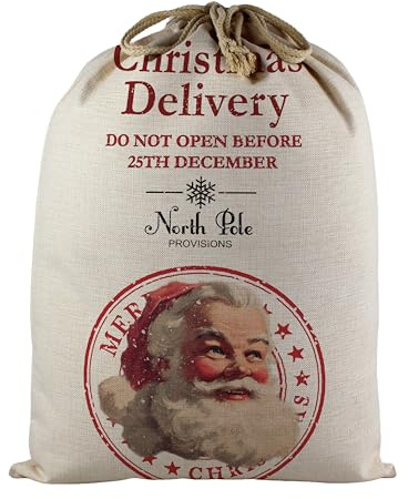 Traditional Christmas Santa Sack, Extra Large Linen Style Stocking Gift Bag with Drawstrings - Father Christmas