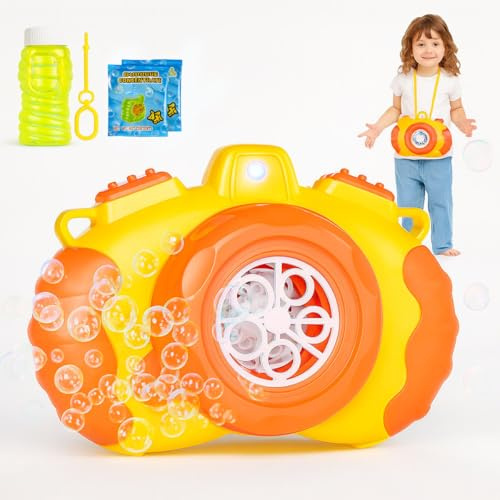 Toyana Kids Bubble Machine, Camera with Flash Light & Music, Automatic Bubbles Blower Gun with 1 Bottle Liquid + 2 x 10ml Bubble Concentrate Sachets Garden Activity Set for Children 3+ Years