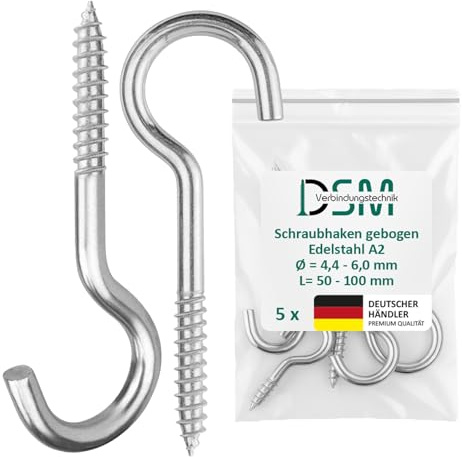 DSM – Schraubhaken Edelstahl A2 mit Holzgewinde 5,0 x 80 mm – 5 Stück | gebogen [TrueSpec Präzision] geeignet für Holz, Beton & Mauerwerk – Wandhaken, Deckenhaken, Hakenschrauben, Schraubenhaken