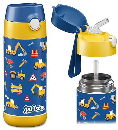 Jarlson® Trinkflasche Kinder Edelstahl Charli [MIT STROHHALM] - Thermosflasche Auslaufsicher - Thermoskanne - Water Bottle Kids - Thermo Trink Flasche für Schule & Kindergarten (350ml, Baustelle)