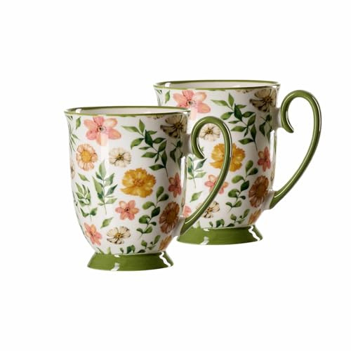 Ritzenhoff & Breker Kaffeebecher-Set MALO 2-teilig, 320 ml, Porzellan-Henkelbecher mit Blumenmuster, Spülmaschinen- & Mikrowellenfest, Grün
