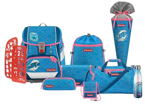 Step by Step Schulranzen-Set 2IN1 Plus „Dolphin Pippa“, 10-teilig, blau, ergonomischer 19L Tornister, höhenverstellbar mit Hüft- und Brustgurt für Mädchen ab der 1. Klasse, inkl. Zubehör