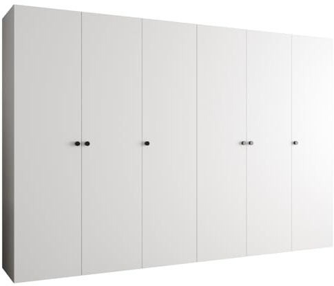 MEBLE KRYSPOL - Kleiderschrank - Garderobenschrank - 300 cm x 202 x 52 cm - Schrank mit Kleiderstange, 6 Türen - für Schlafzimmer, Flur - Parma, Weiß, Griff Schwarz