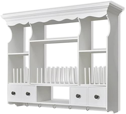 Yisssmeng Weißer Küchenhängeschrank aus MDF und Kiefer 90,5x22,5x70,3 cm mit 4 Schubladen und Haken Modernes Vintage Design für Küche Flur und Wohnzimmer