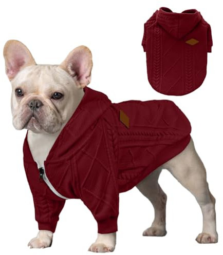 Meioro Reißverschluss Hund Pullover Mit Kapuze - Warme Haustier Kleidung für Katze und Welpen - Französische Bulldogge Winter Outfit (XL, Rot)