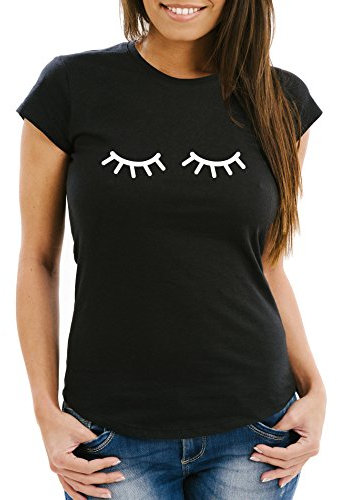 MoonWorks Damen T-Shirt Schlafende Augen Wimpern Eye Lashes Müde Schlafen Mascara Slim Fit schwarz M