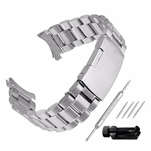 Beauty7 Unisex Edelstahl Uhrenarmband 18mm Silber mit Faltschließe Kurve Anstoß Länge VerstellbarVerkürzungswerkzeug Link Entferner 4 STK Federstege und Federstift WBL00023ST18a