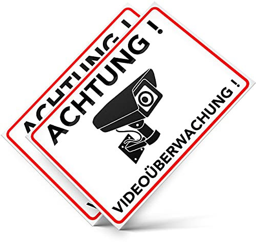 Achtung Videoüberwachung Aufkleber – Schild – Folie – Sticker (Kameraüberwachung – Überwachungskamera – Alarmanlage – Alarmgesichert – Warnschild) Weiss – 2 STK. (14,80 cm x 10,50cm)