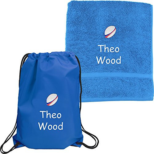 TeddyTs Personalised Name & Rugby Ball Sports PE Drawstring Bag & Towel Set (Blue)