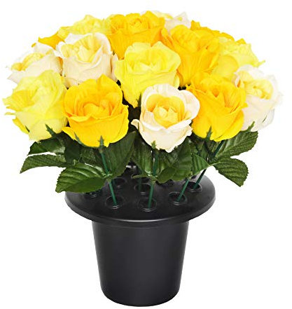 SF ARTIFICIAL YELLOW OPEN ROSE GRAVE POT WITH 16 FLOWERS - VASE INSERT MEMORIAL
