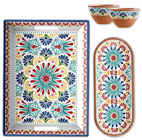 Purely Home Rio Medallion Outdoor - 4 Piece Plastic/Melamine Snacks & Nibble Large Tray & Dip Bowls Serving Set