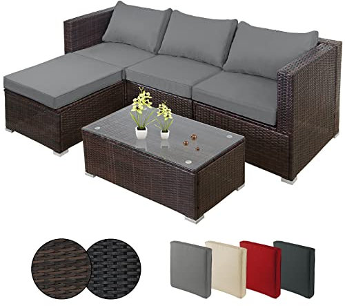 Montafox Poly Rattan Lounge Sitzkissen 8cm Gartenmöbel Ecklounge Frei Kombinierbare Elemente Ecksofa Gartengarnitur Garten Balkon Terrasse Outdoor, Farbe:Schwarz-Braun meliert/Kieselstrand