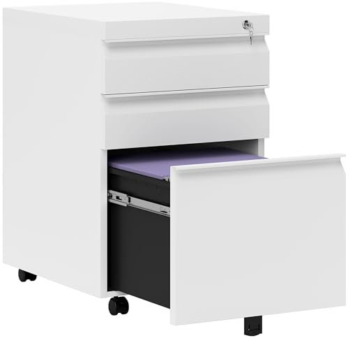 Vinsetto 3-Drawer Filing Cabinet, Mobile Metal File Cabinet with Lock and 5 Wheels for A4/Legal/Letter Sized Hanging File Folders, Under Desk Drawers, Pre-Assembled Body, 39 x 48 x 60 cm, White