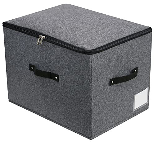 Foldable Fabric Storage Box with Zipper lid, handle, Blankets Clothes Quilts Storage Basket Organizer for Bedroom Closet Shelf, 44×33×31cm, Black Grey