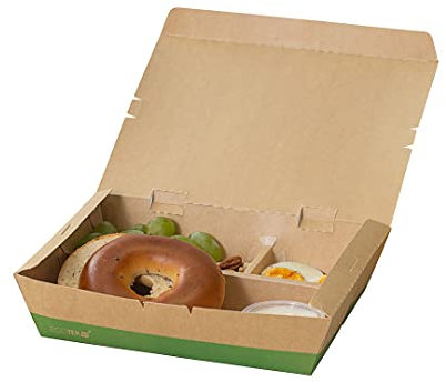 Restaurantware Eco Tek 50.7 Ounce To Go Boxes, 100 Compostable Bento Boxes - 3 Compartments, Tab Lock Closure, Kraft & Green Paper Take Out Boxes, PLA Lining, For Restaurants or Parties