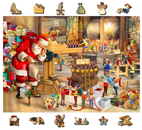 Wooden.City 500 +5 Pieces Wooden Jigsaw Puzzle Santa’s Workshop - Christmas Jigsaw Puzzles For Kids & Adults - Retro Nostalgia Jigsaw Puzzles With Unique Pieces & Unusual Shapes - Large Puzzle