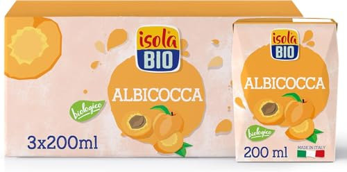 ISOLA BIO Succo di Frutta Biologico Albicocca, 100% Ingredienti Naturali, Frutta Italiana in Mini Brik per Colazione e Merenda, Formato 3 confezioni da 200 ml