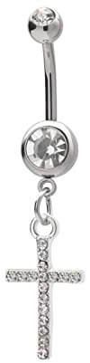 Lieson Damen Bauchnabelpiercing Sexy, Bauchnabelpiercing Mit Anhänger Chirurgenstahl Zirkonia Kreuz Bauchnabelpiercing Bananabell Silber