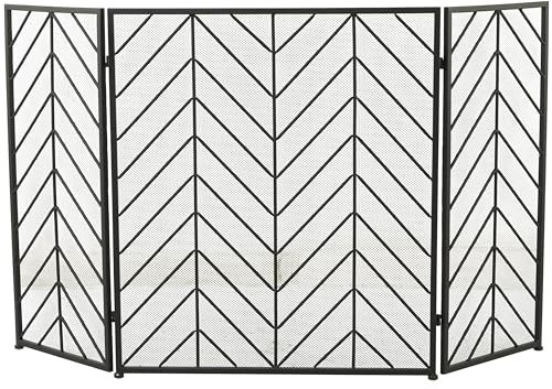 Deco 79 Malla de Malla Plegable geométrica de Metal, Pantalla para Chimenea de 3 Paneles con patrón de chevrón, 52 x 1 x 31, Negro