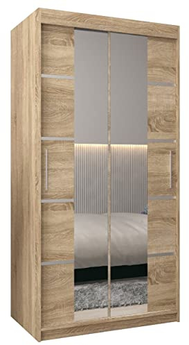ABIKSMEBLE Verona 4 100 Armario 2 Puertas Correderas para Dormitorio - Armario Moderno con Espejo, Barra y Estantes - 100x200x62 cm (Ancho x Alto x Fondo) - Sonoma